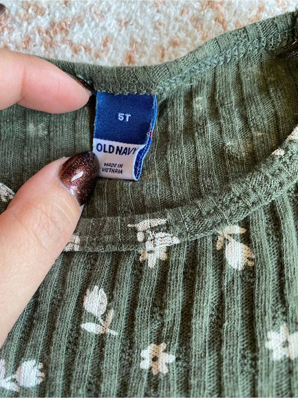 Old Navy girls Olive Green Floral Ribbed Long-Sleeve Top